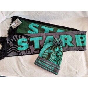 Starbucks Christmas Winter Warm Green Black Hat & Scarf Set NEW Knit 54x7